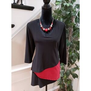 Compli K Women's Red Black Polyester V-Neck Long Casual Sleeve Top Blouse Large